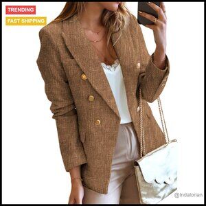 Tweed Blazer Double Breasted Open Front Slim Fit Business Casual Chic